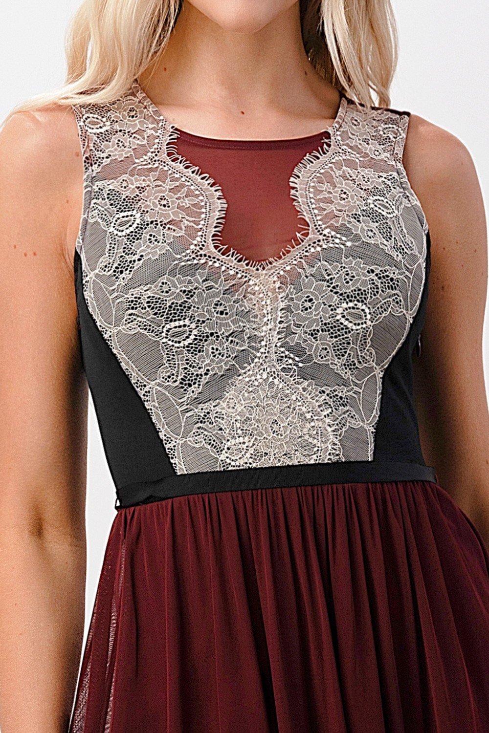 ARROW Elegant Sheer Maxi Dress with Lace Bodice and Flowing Skirt