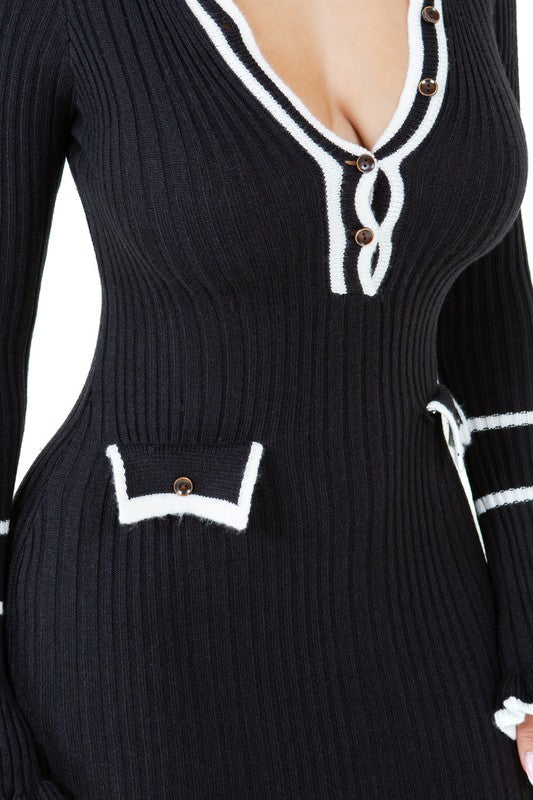 Noir Contrast Trim Ribbed Knit Maxi Dress