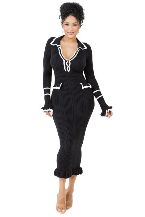 Noir Contrast Trim Ribbed Knit Maxi Dress