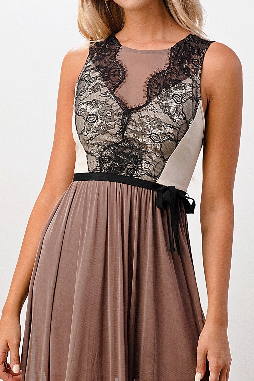 ARROW Elegant Sheer Maxi Dress with Lace Bodice and Flowing Skirt