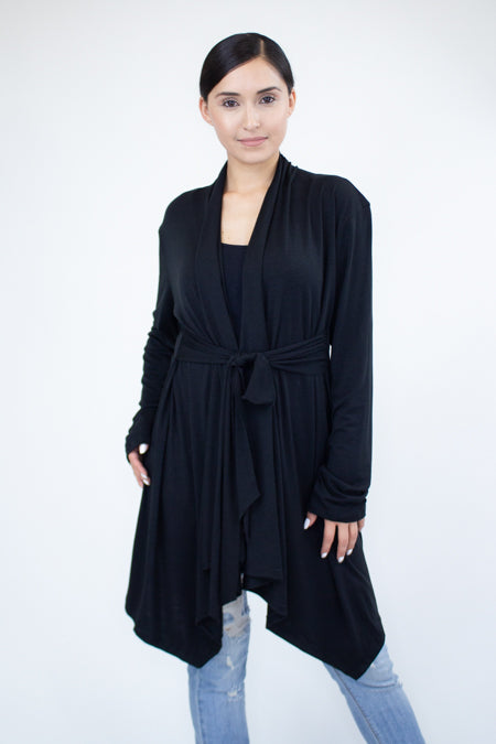 Liya Light Weight Waist Tie Cardigan in Black