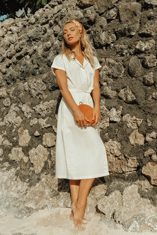 ARYA Safari Linen Midi Dress in Off White