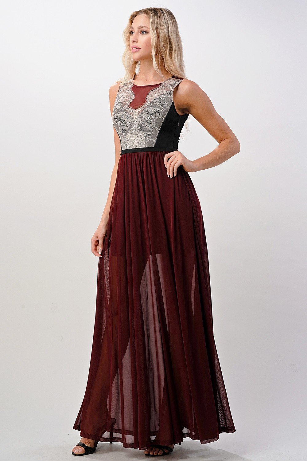 ARROW Elegant Sheer Maxi Dress with Lace Bodice and Flowing Skirt