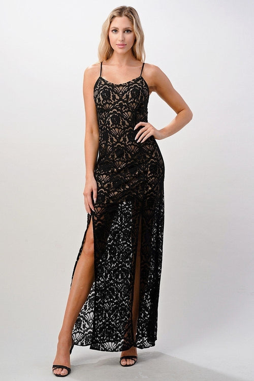 Midnight Lace Front-Slit Maxi Dress
