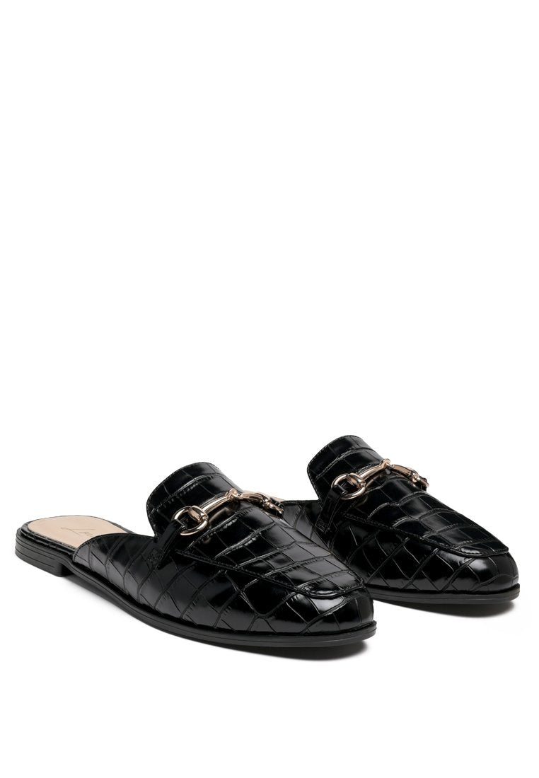 Begonia Buckled Faux Leather Croc Mules