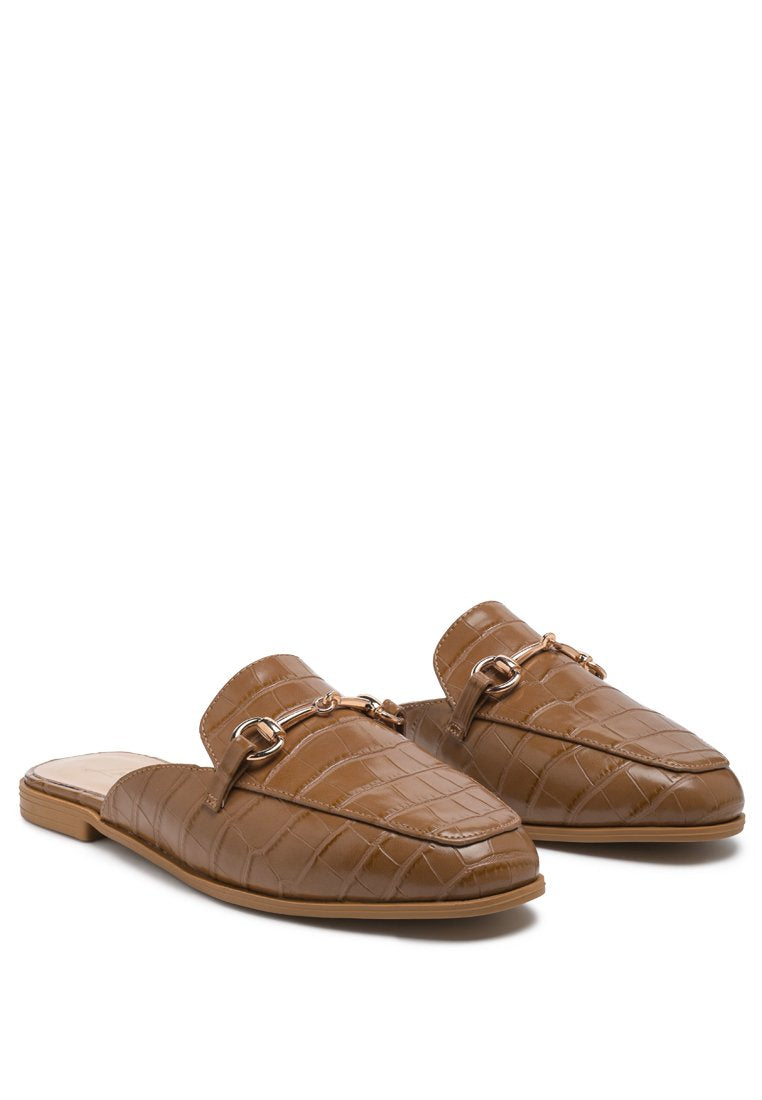 Begonia Buckled Faux Leather Croc Mules