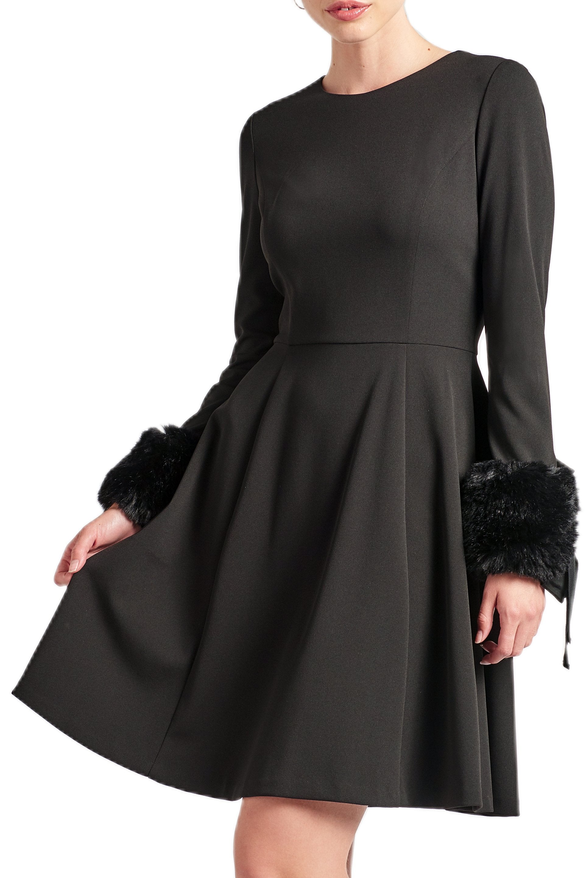 Caroline Crepe Fit Flare Dress With Faux Fur Cuffs