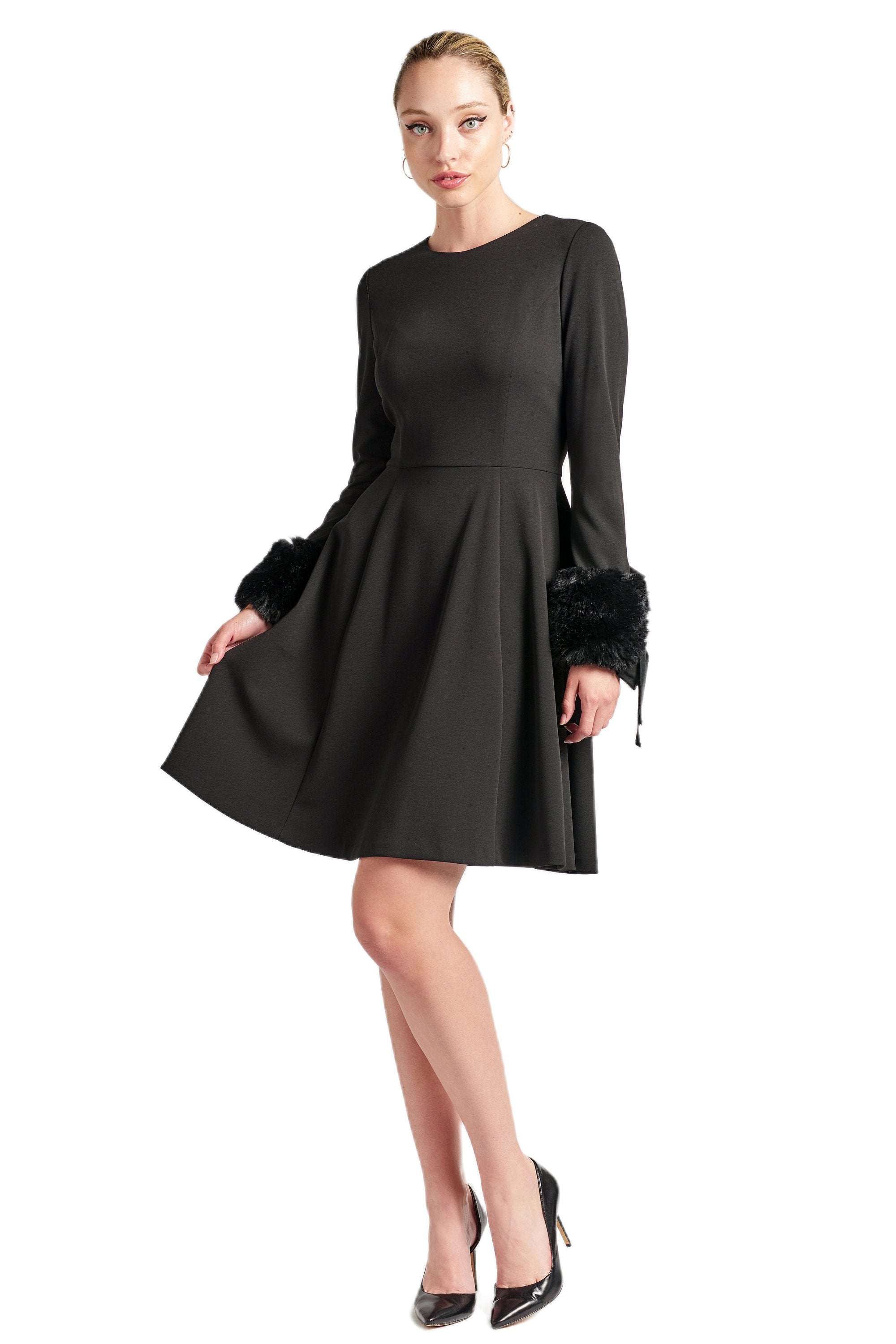 Caroline Crepe Fit Flare Dress With Faux Fur Cuffs