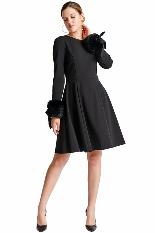 Caroline Crepe Fit Flare Dress With Faux Fur Cuffs