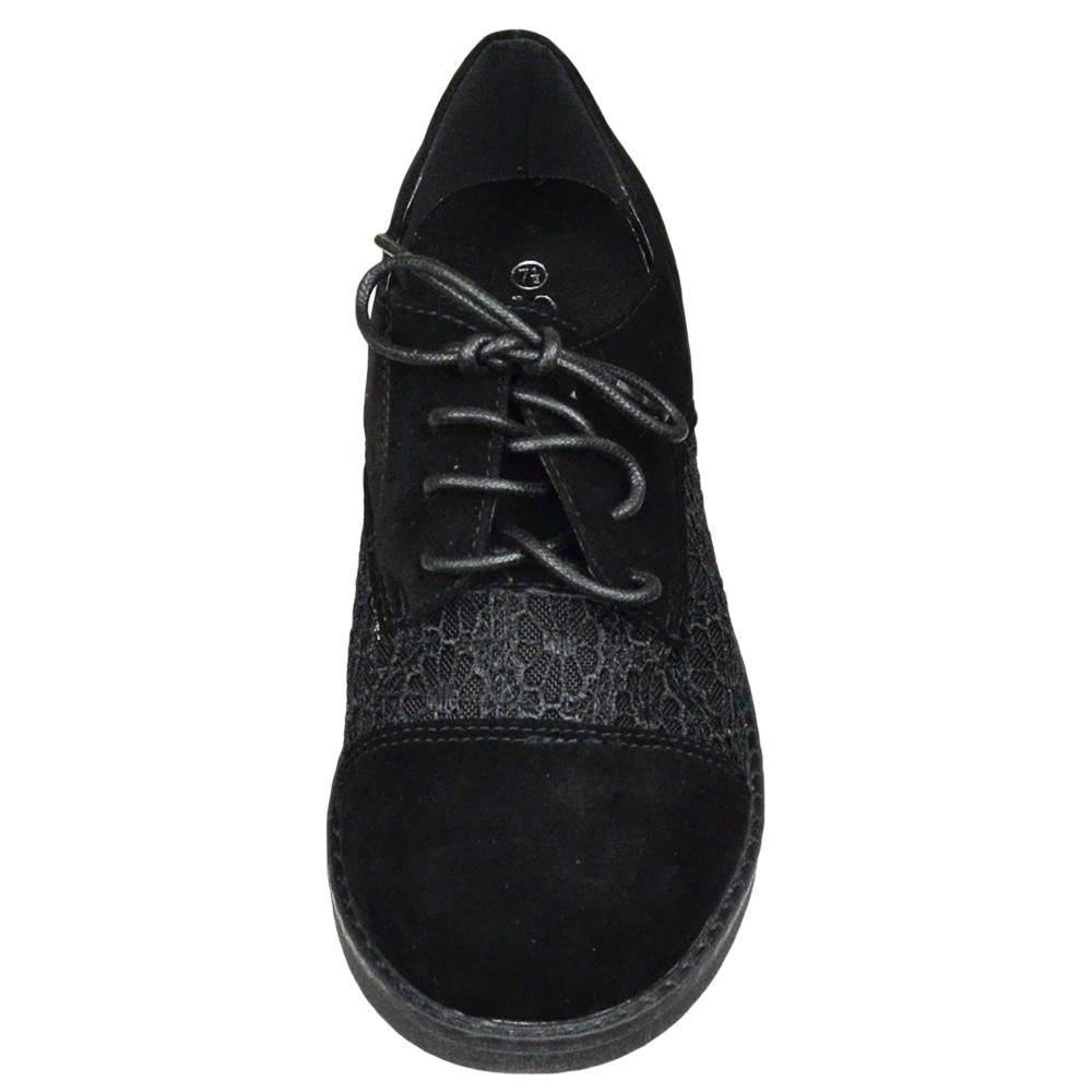 SOBEYO Embroidered Flower Lace Up Oxford Flats (Black)