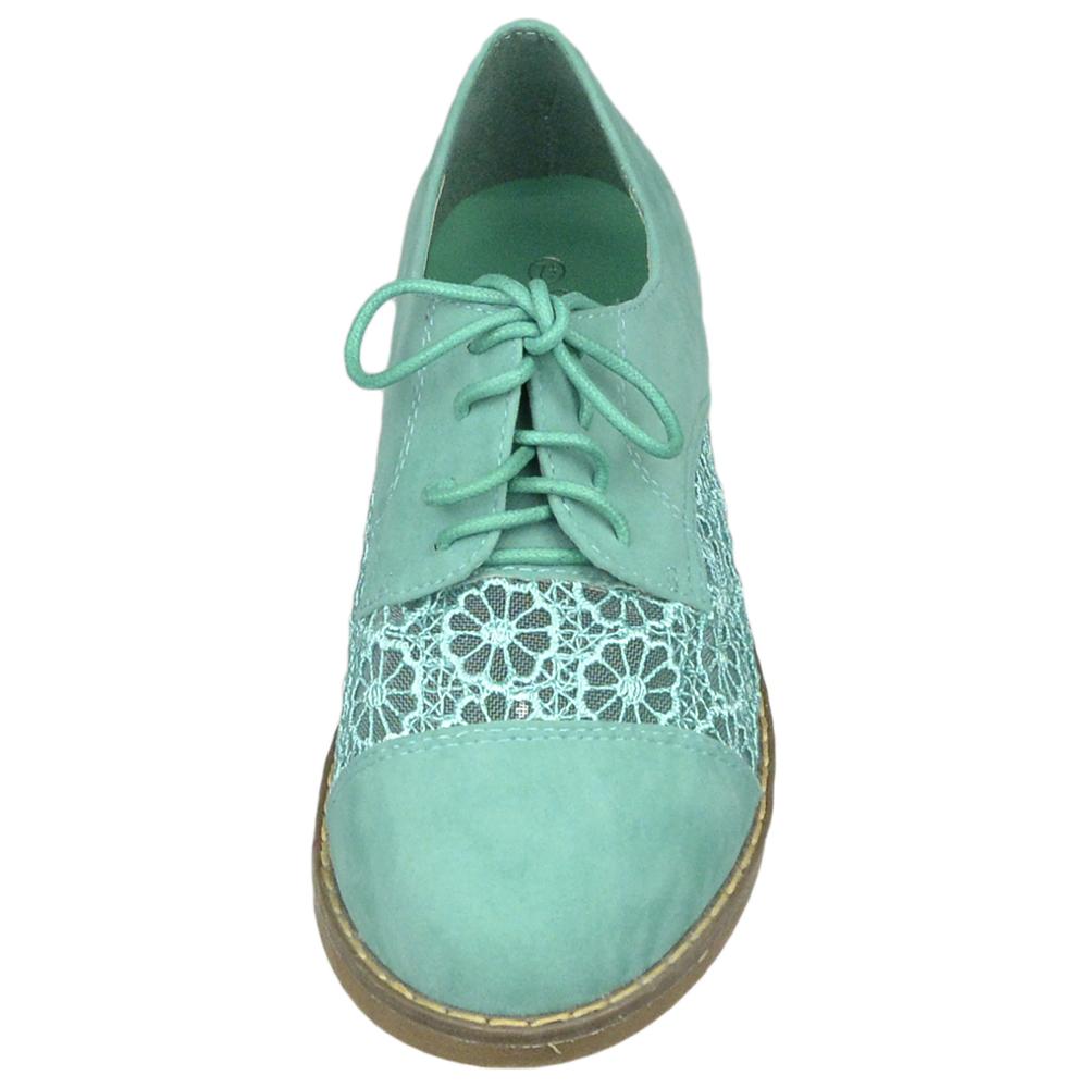 SOBEYO Embroidered Flower Lace Up Oxford Flats (Green)