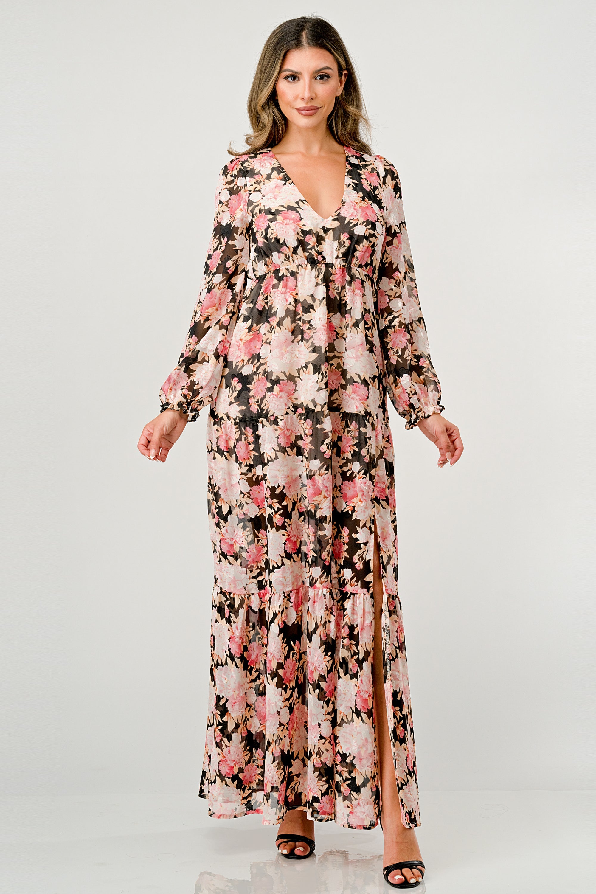 ARROW Long Sleeve Maxi Dress with High Slit and Tiered Skirt