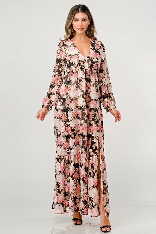ARROW Long Sleeve Maxi Dress with High Slit and Tiered Skirt