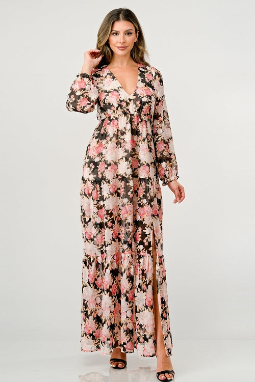 ARROW Long Sleeve Maxi Dress with High Slit and Tiered Skirt