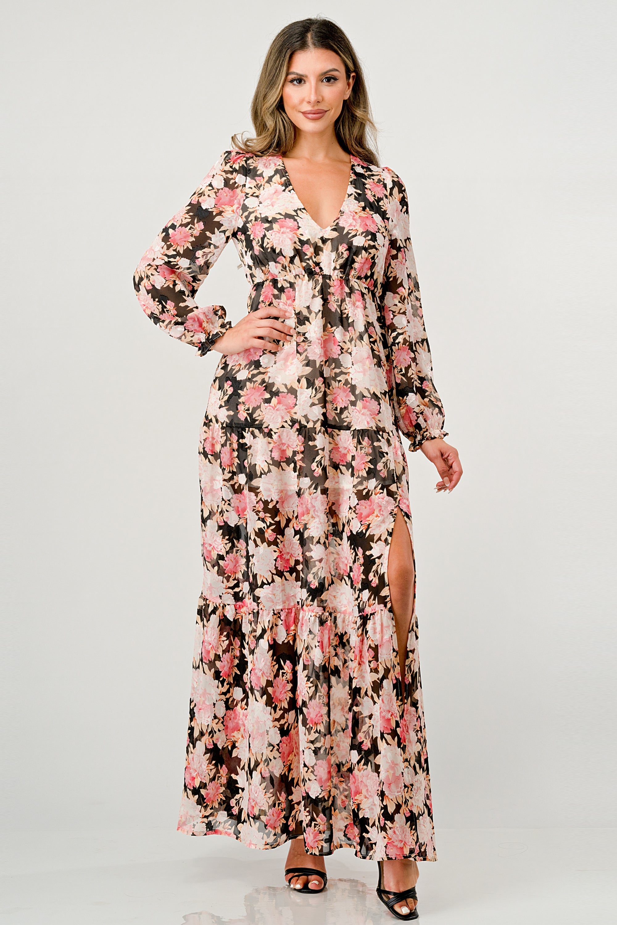 ARROW Long Sleeve Maxi Dress with High Slit and Tiered Skirt