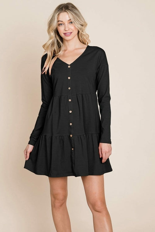 Joia Front Button Long Sleeve Pleated Swing Dress