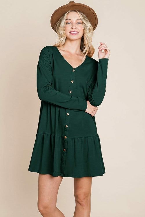 Joia Front Button Long Sleeve Pleated Swing Dress