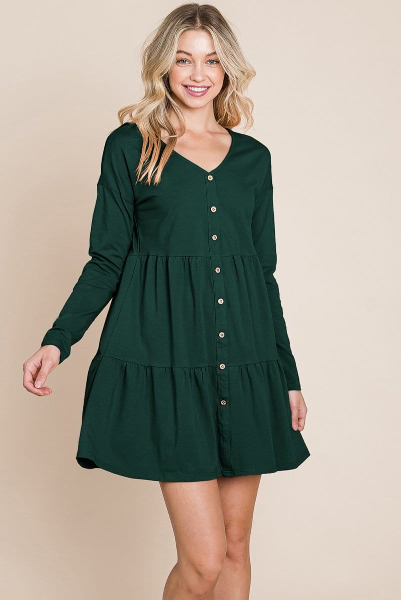Joia Front Button Long Sleeve Pleated Swing Dress