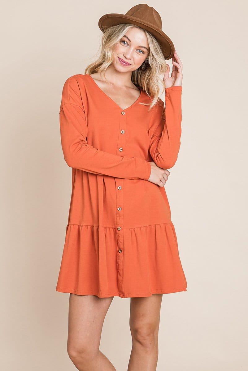 Joia Front Button Long Sleeve Pleated Swing Dress
