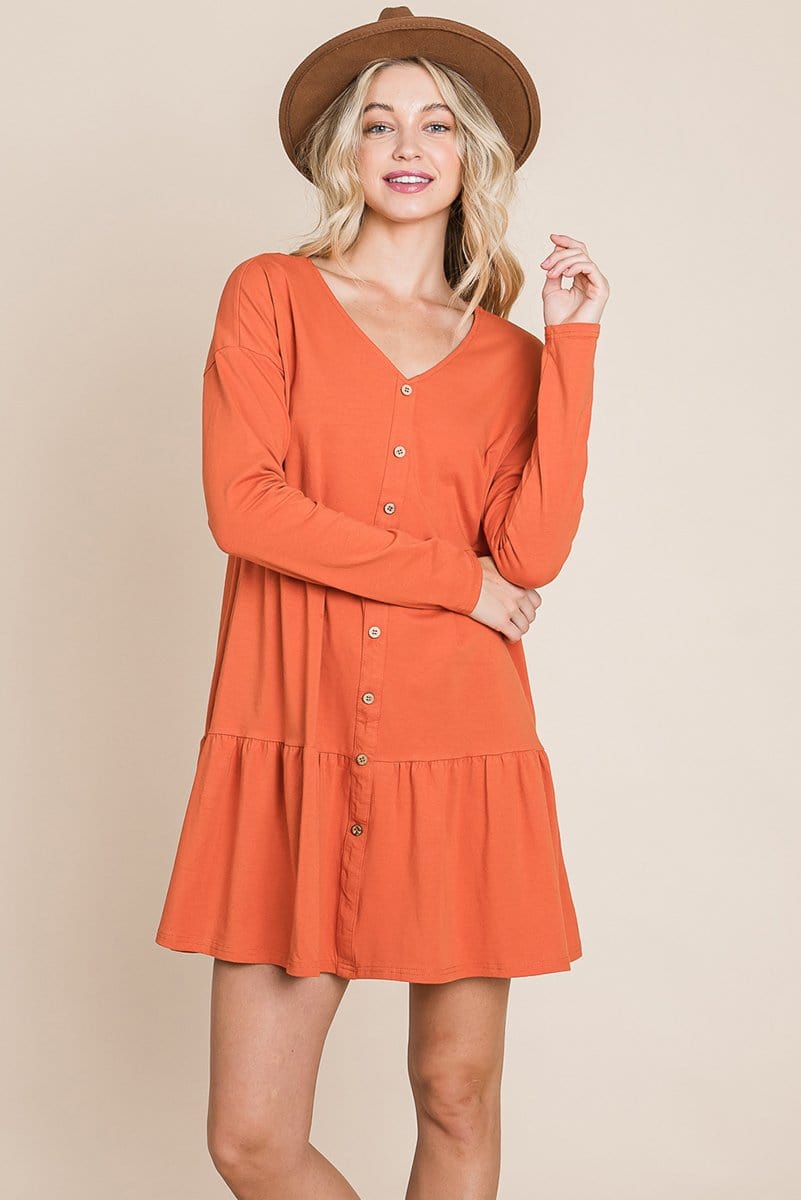 Joia Front Button Long Sleeve Pleated Swing Dress