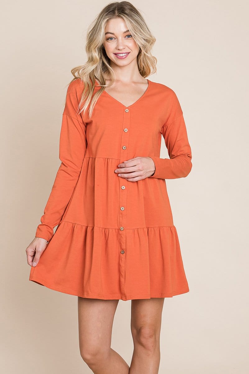 Joia Front Button Long Sleeve Pleated Swing Dress