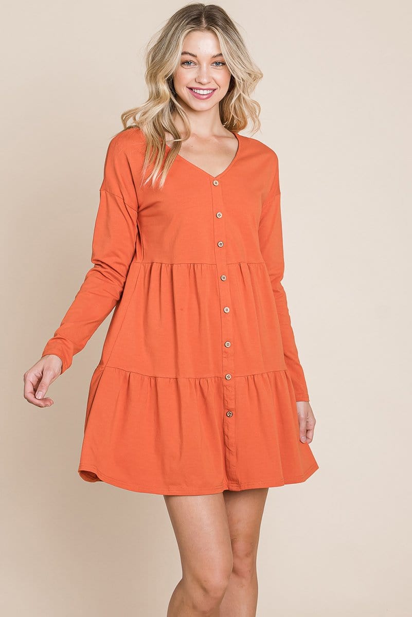Joia Front Button Long Sleeve Pleated Swing Dress