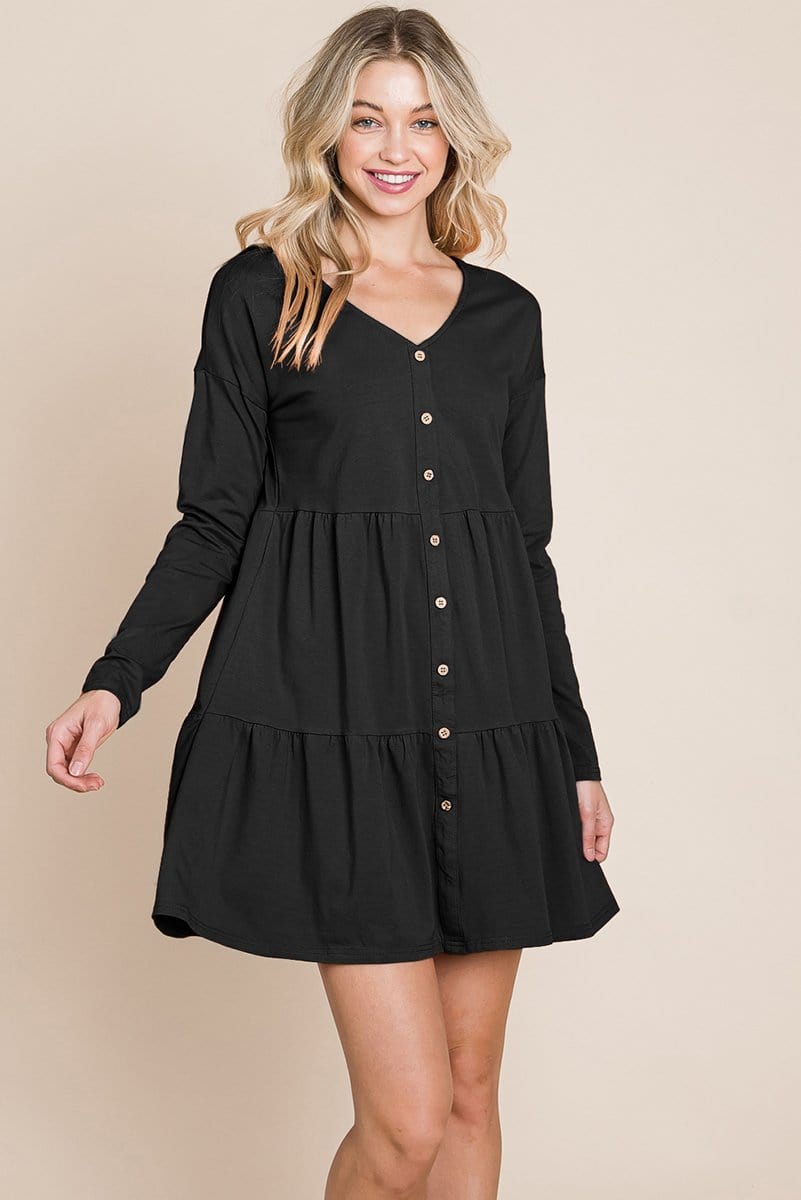 Joia Front Button Long Sleeve Pleated Swing Dress