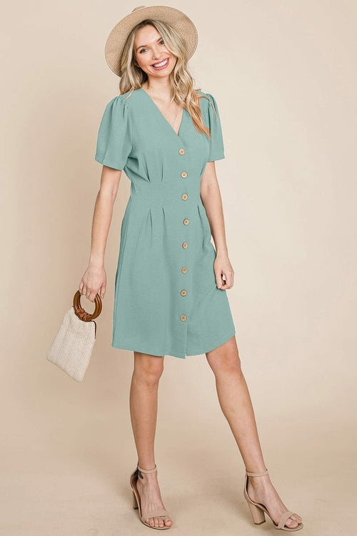 GIA Solid Pleated Button Down Shirt Dress