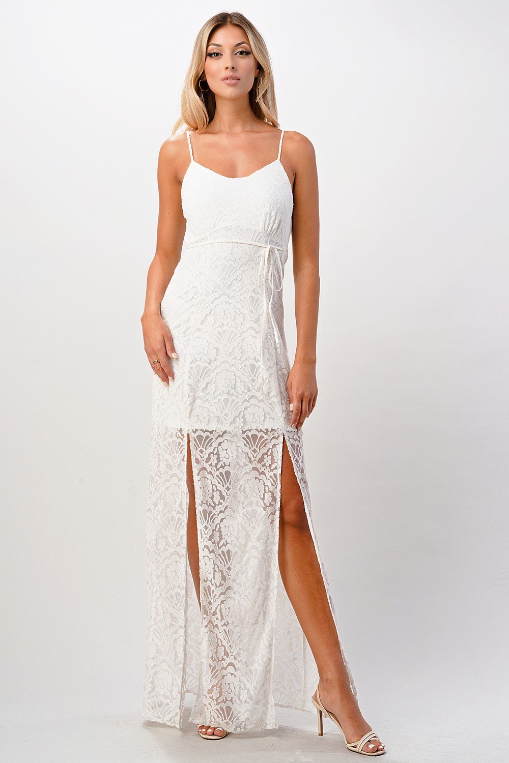Midnight Lace Front-Slit Maxi Dress