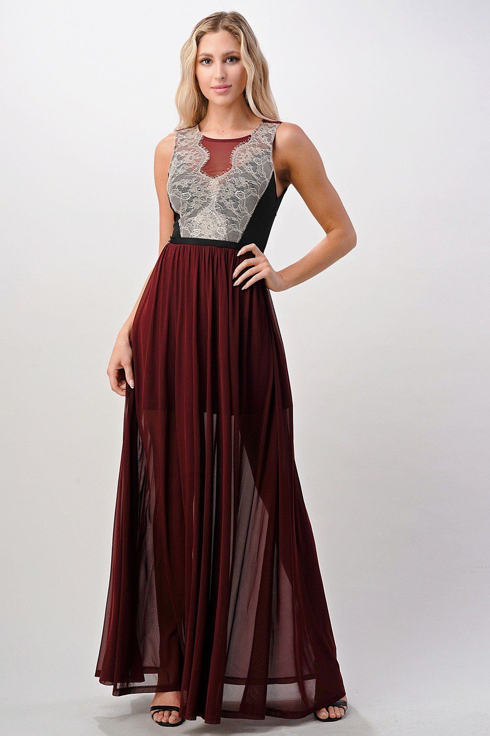 ARROW Elegant Sheer Maxi Dress with Lace Bodice and Flowing Skirt
