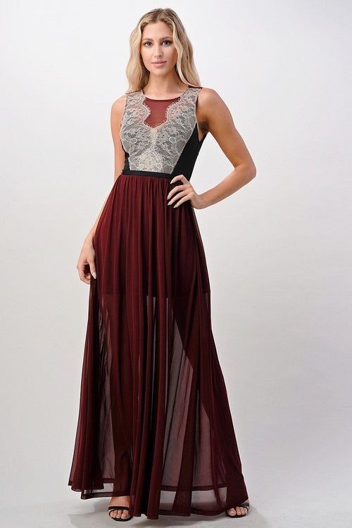 ARROW Elegant Sheer Maxi Dress with Lace Bodice and Flowing Skirt