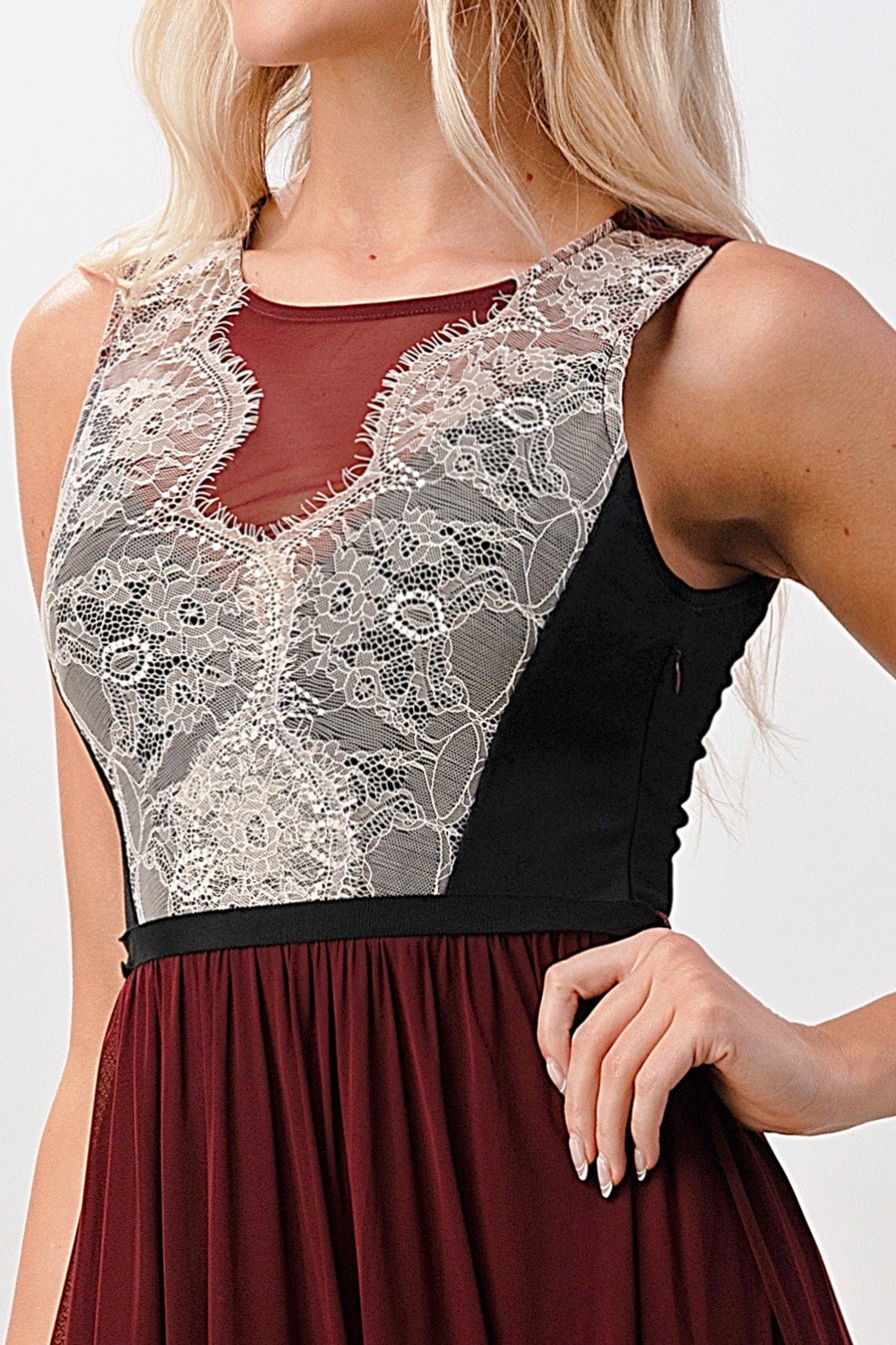 ARROW Elegant Sheer Maxi Dress with Lace Bodice and Flowing Skirt