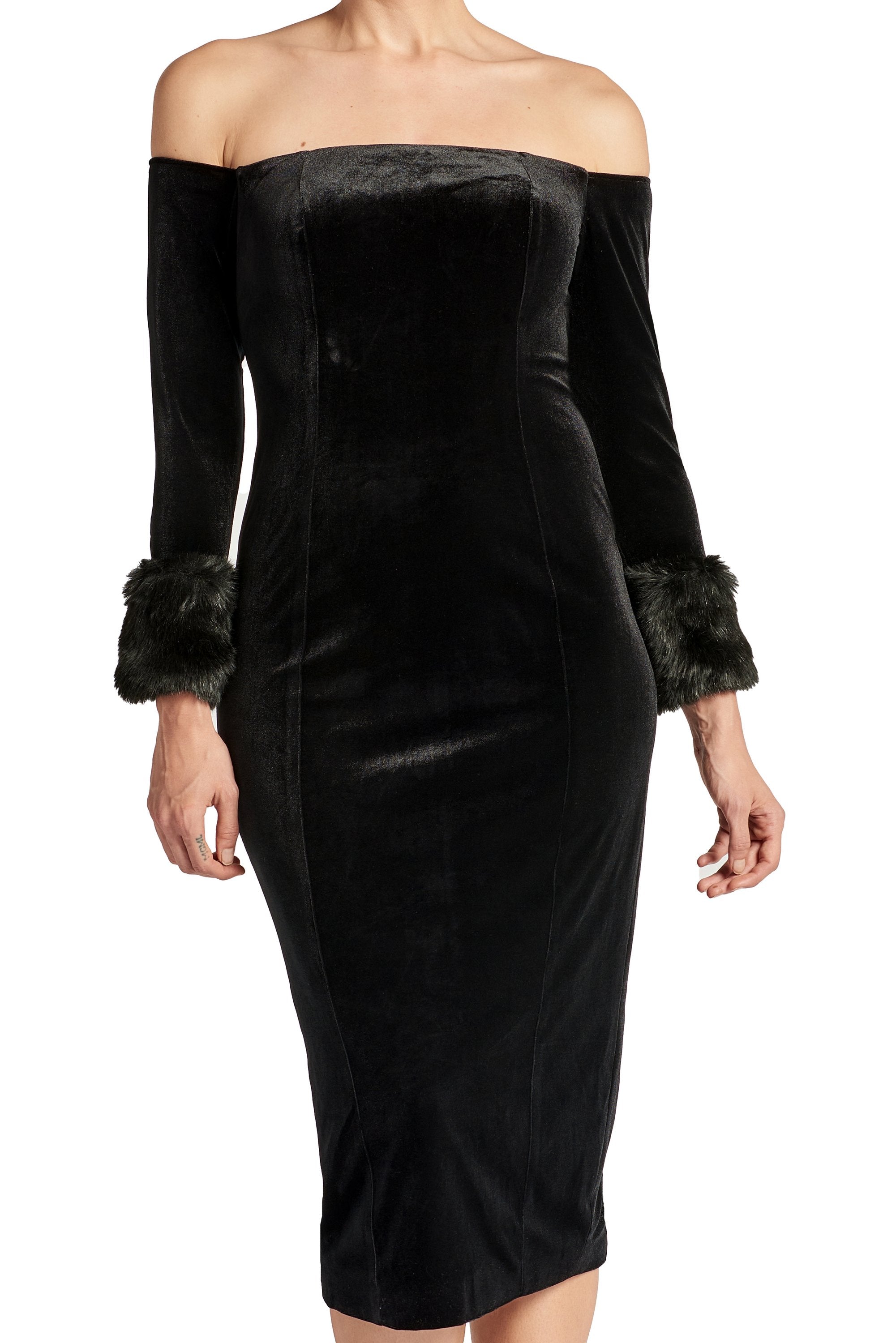 Joia Velvet Off Shoulder Dress Long Sleeve Dress With Faux Fur