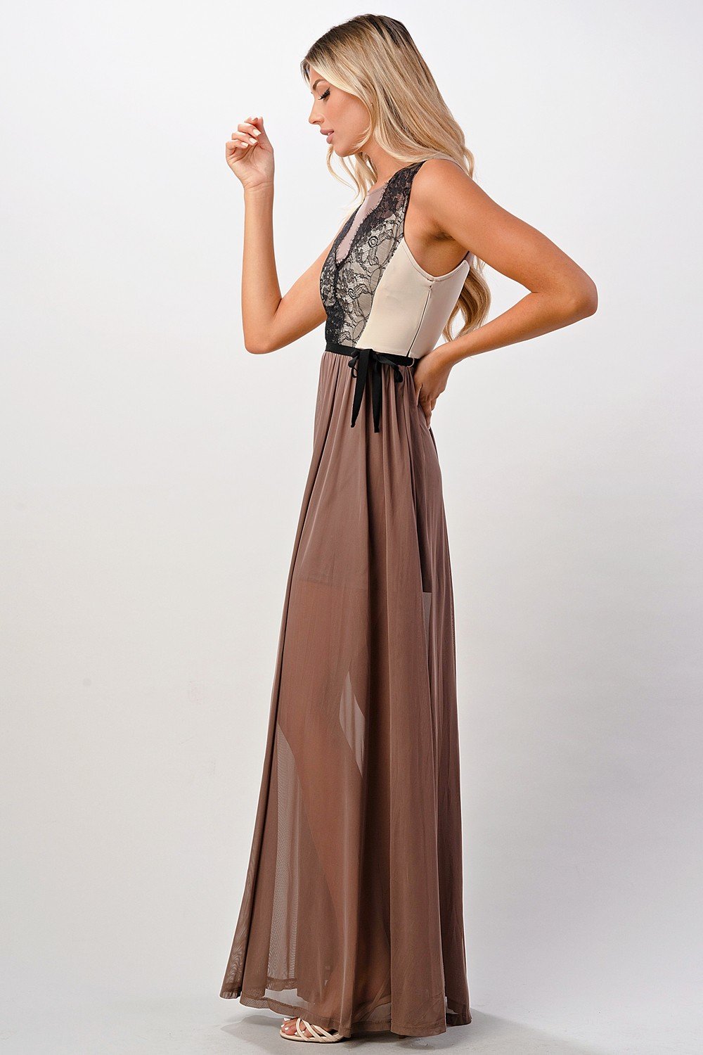 ARROW Elegant Sheer Maxi Dress with Lace Bodice and Flowing Skirt