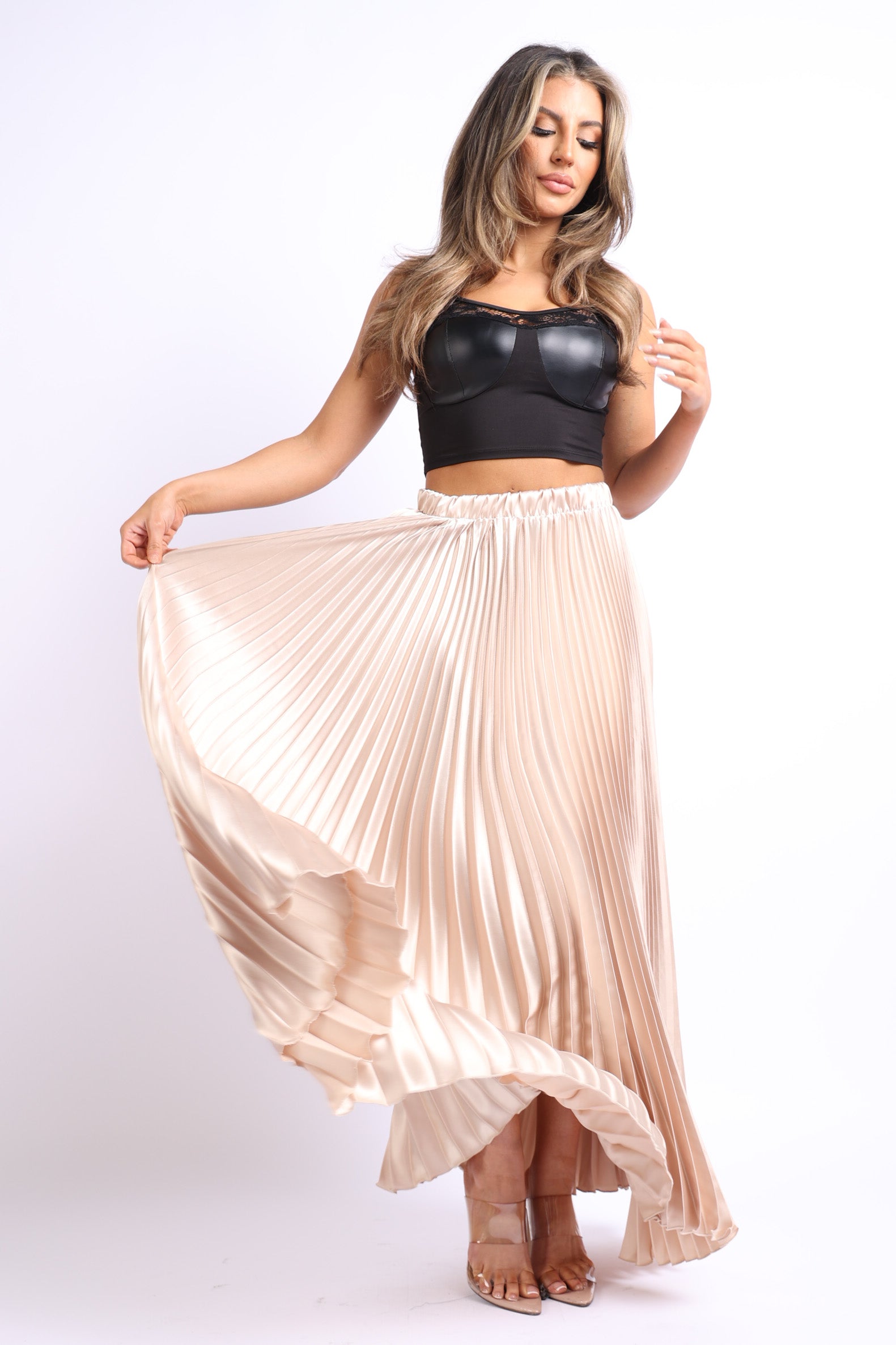 Pearl Monfried Pleated Satin Maxi Skirt