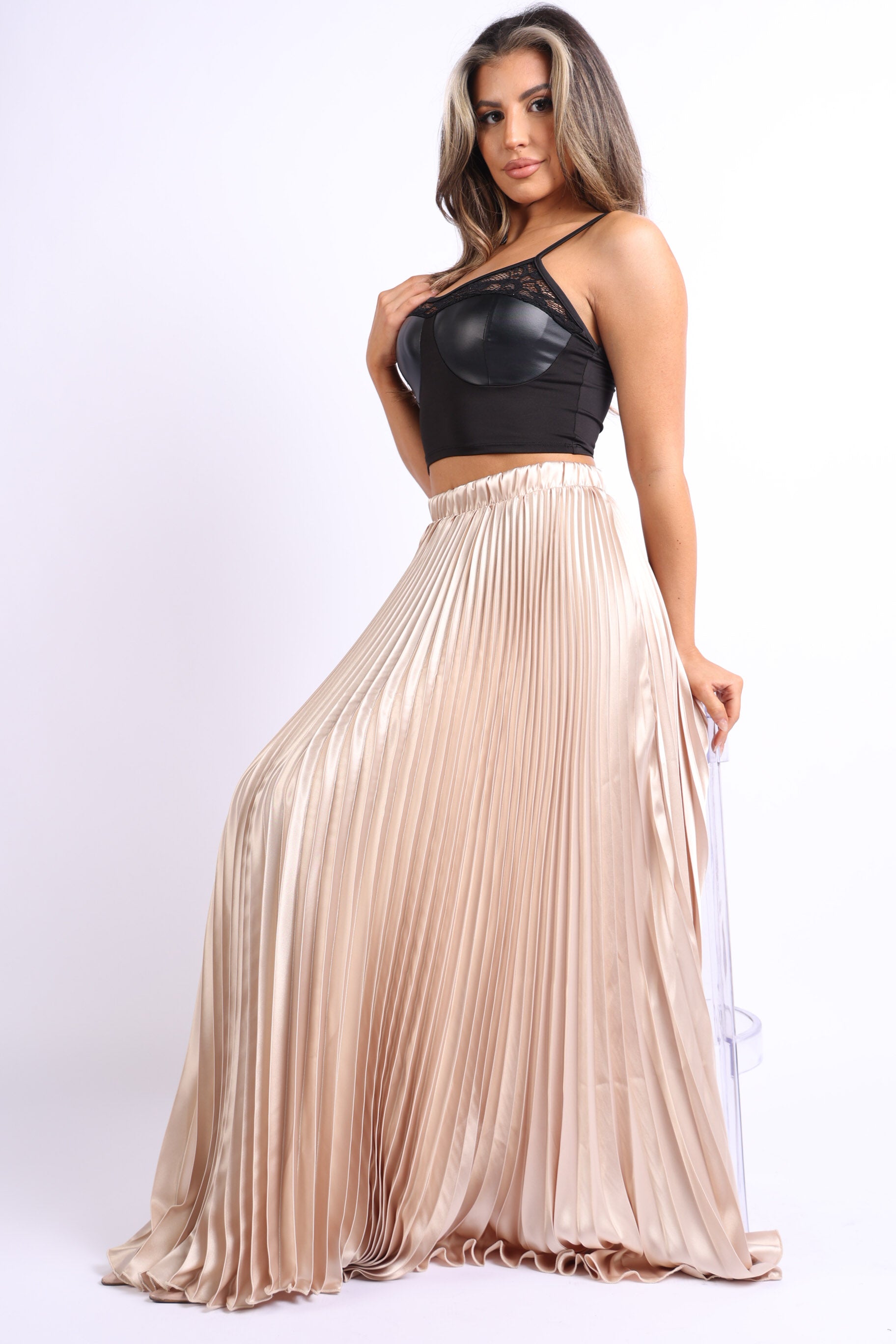 Pearl Monfried Pleated Satin Maxi Skirt