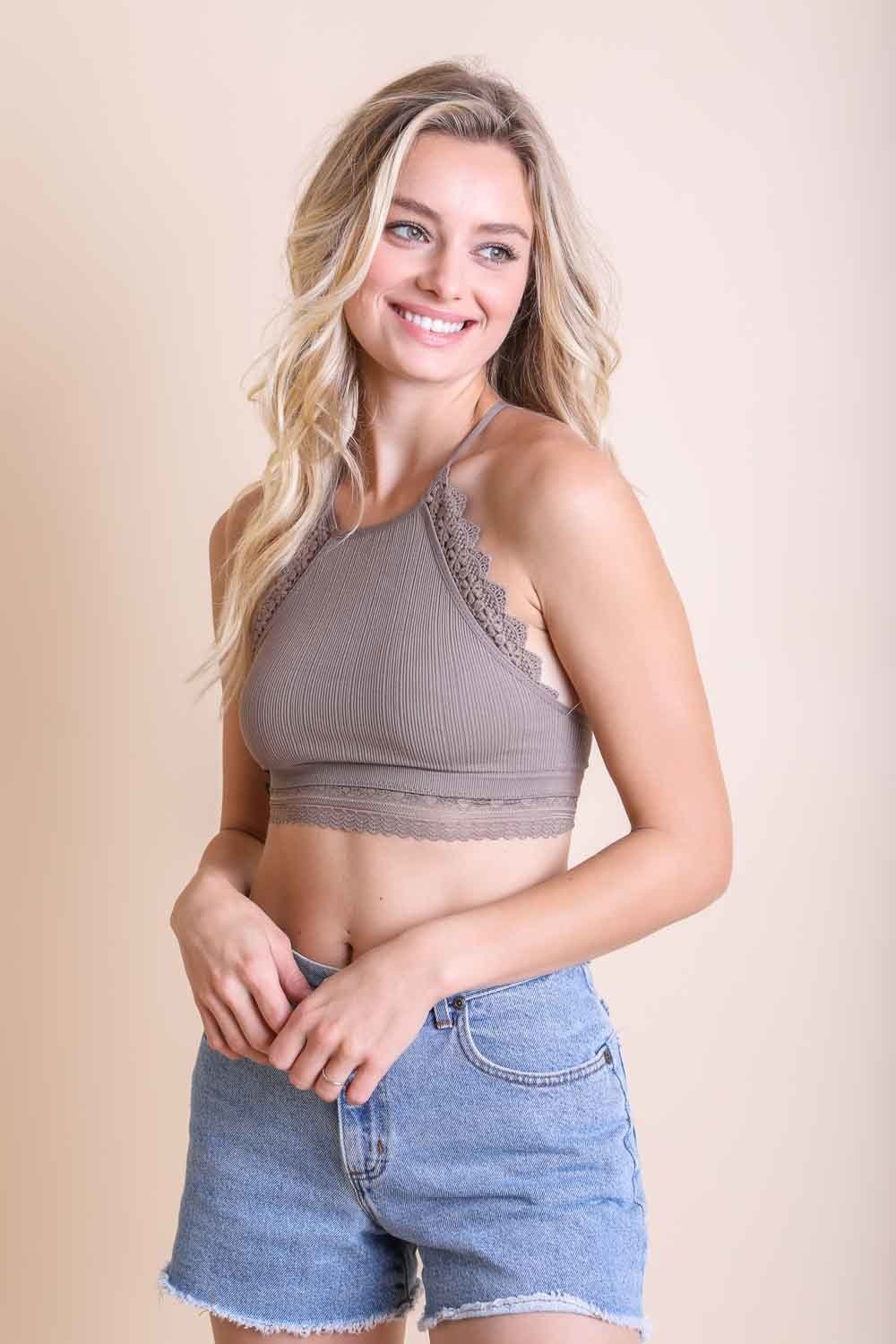 Letty Brown High Neck Crochet Trim Bralette