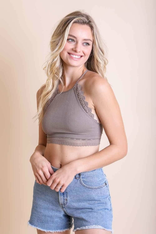 Letty Brown High Neck Crochet Trim Bralette