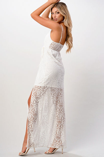 Midnight Lace Front-Slit Maxi Dress