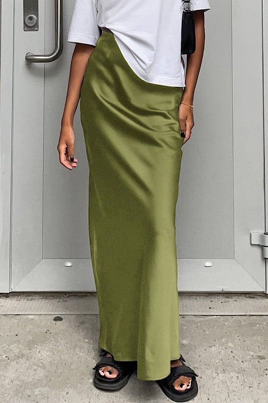 Olive Aura Satin Maxi Skirt