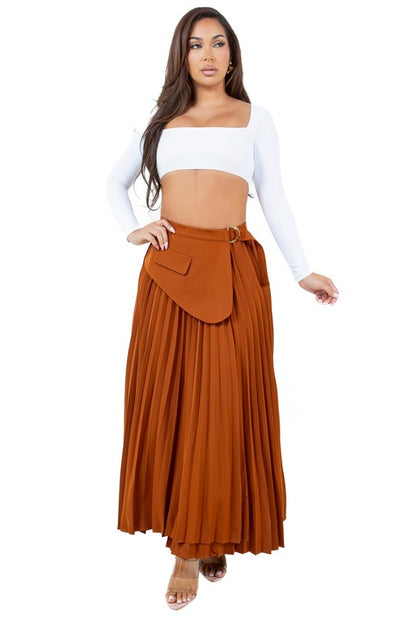 Cinnamon D-Ring Pleated Maxi Skirt