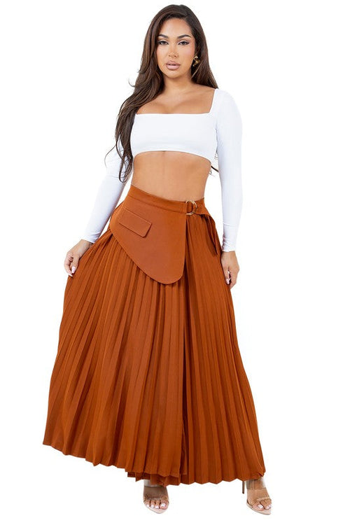 Cinnamon D-Ring Pleated Maxi Skirt