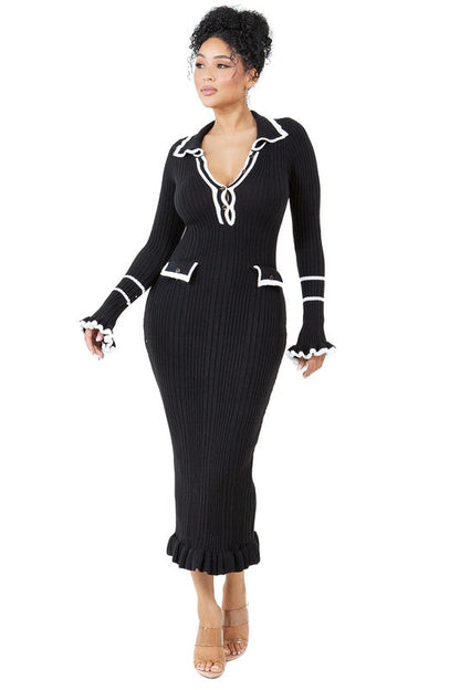 Noir Contrast Trim Ribbed Knit Maxi Dress