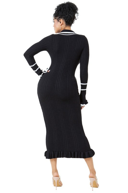Noir Contrast Trim Ribbed Knit Maxi Dress