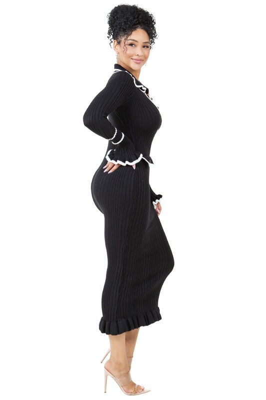 Noir Contrast Trim Ribbed Knit Maxi Dress