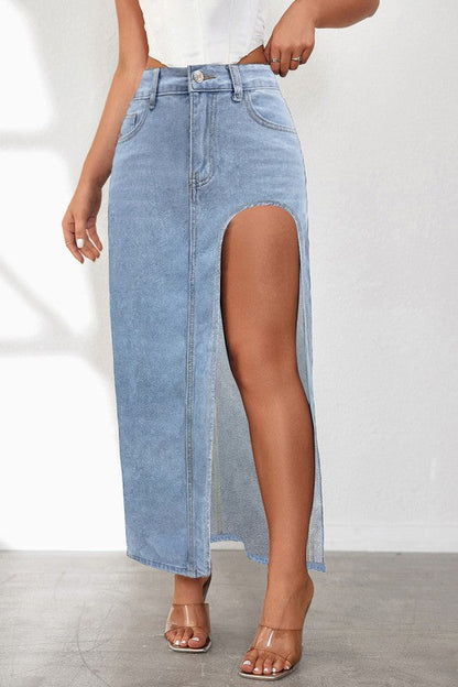 High Noon Split Denim Maxi Skirt