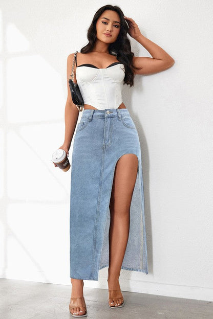 High Noon Split Denim Maxi Skirt