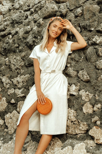 ARYA Safari Linen Midi Dress in Off White