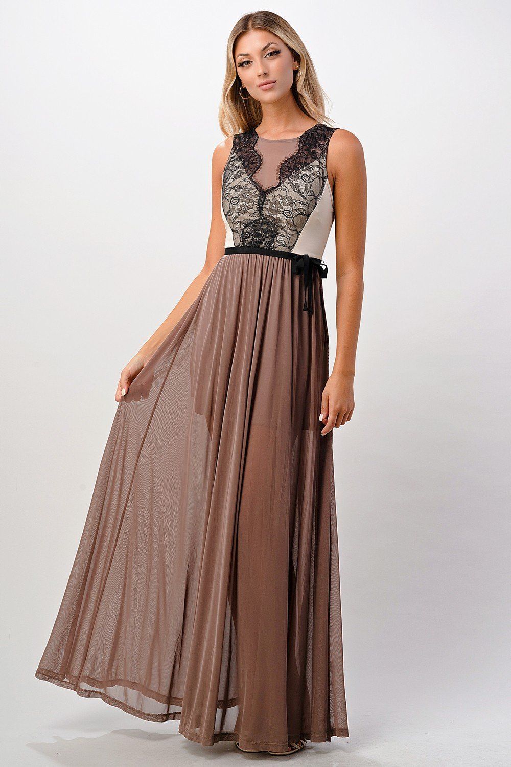 ARROW Elegant Sheer Maxi Dress with Lace Bodice and Flowing Skirt