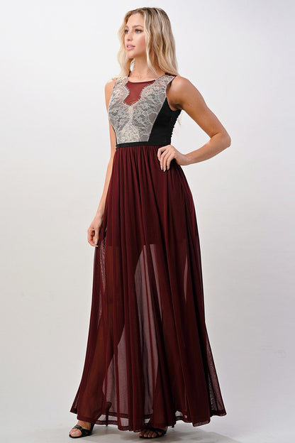 ARROW Elegant Sheer Maxi Dress with Lace Bodice and Flowing Skirt